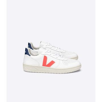 Veja V-10 LEATHER Tenisky Damske White/Orange/Blue | SK 646JPQ